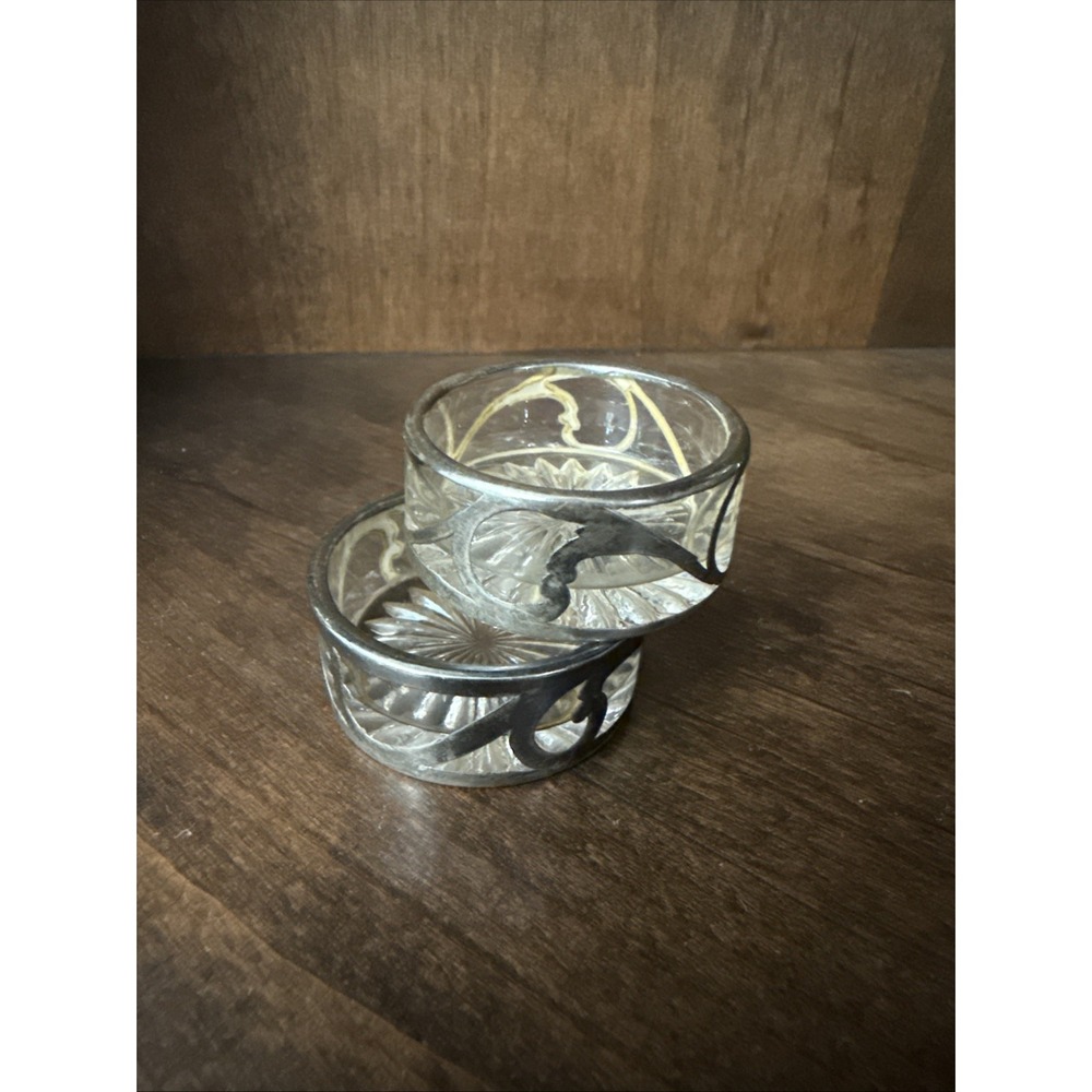 Antique Art Nouveau Sterling Silver Overlay Cut Glass Open Salt Cellars Set-2